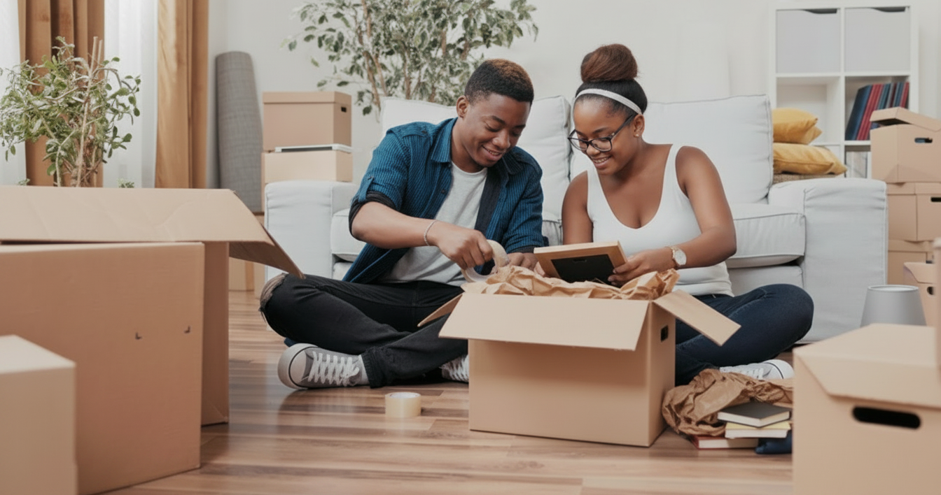 Young couple packing up their home after it's been sold.